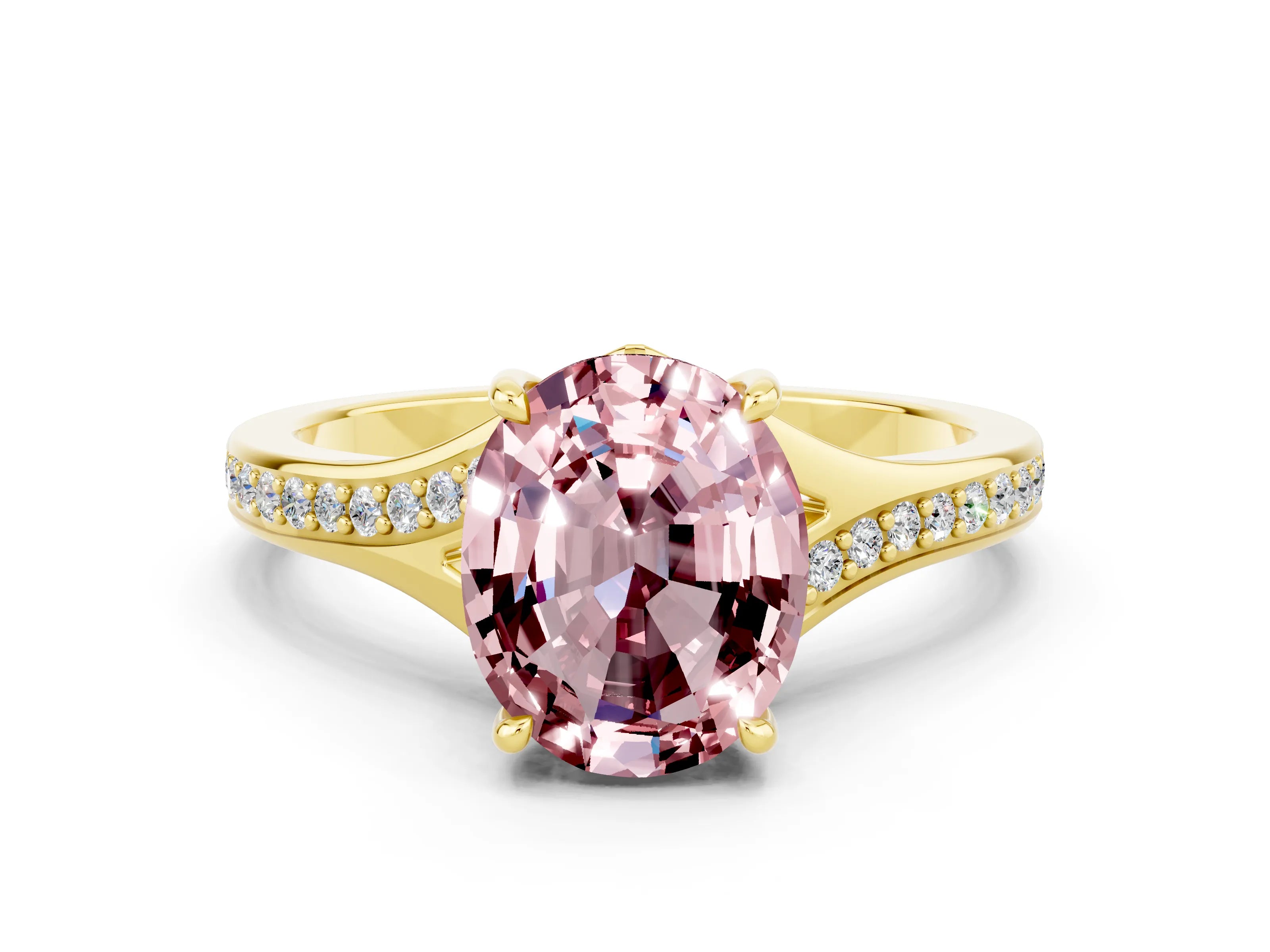 Yellow gold Oval Cut Morganite Solitaire Ring with Pavé Band and Prong Setting