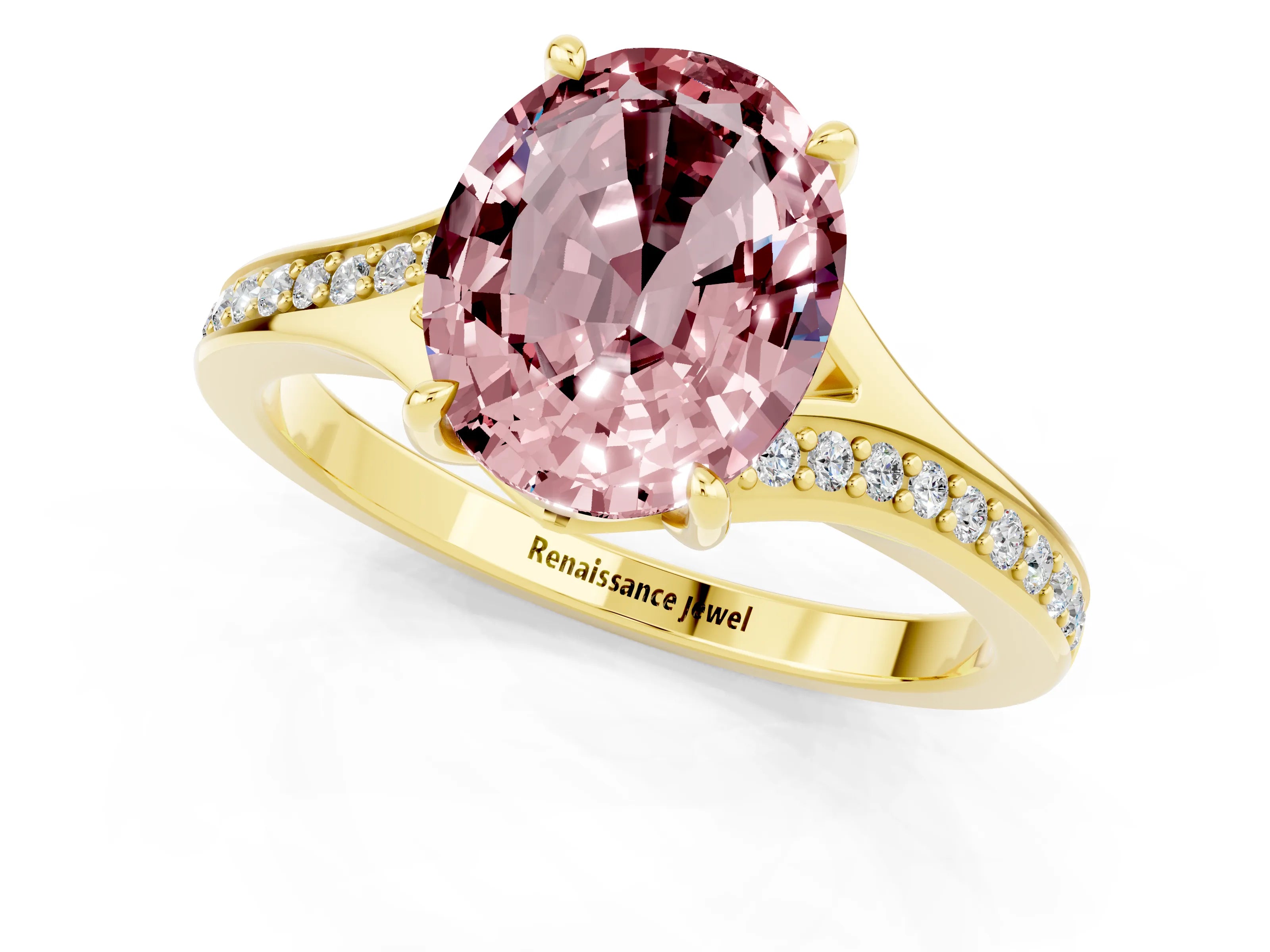 Yellow gold Oval Cut Morganite Solitaire Ring with Pavé Band and Prong Setting_1