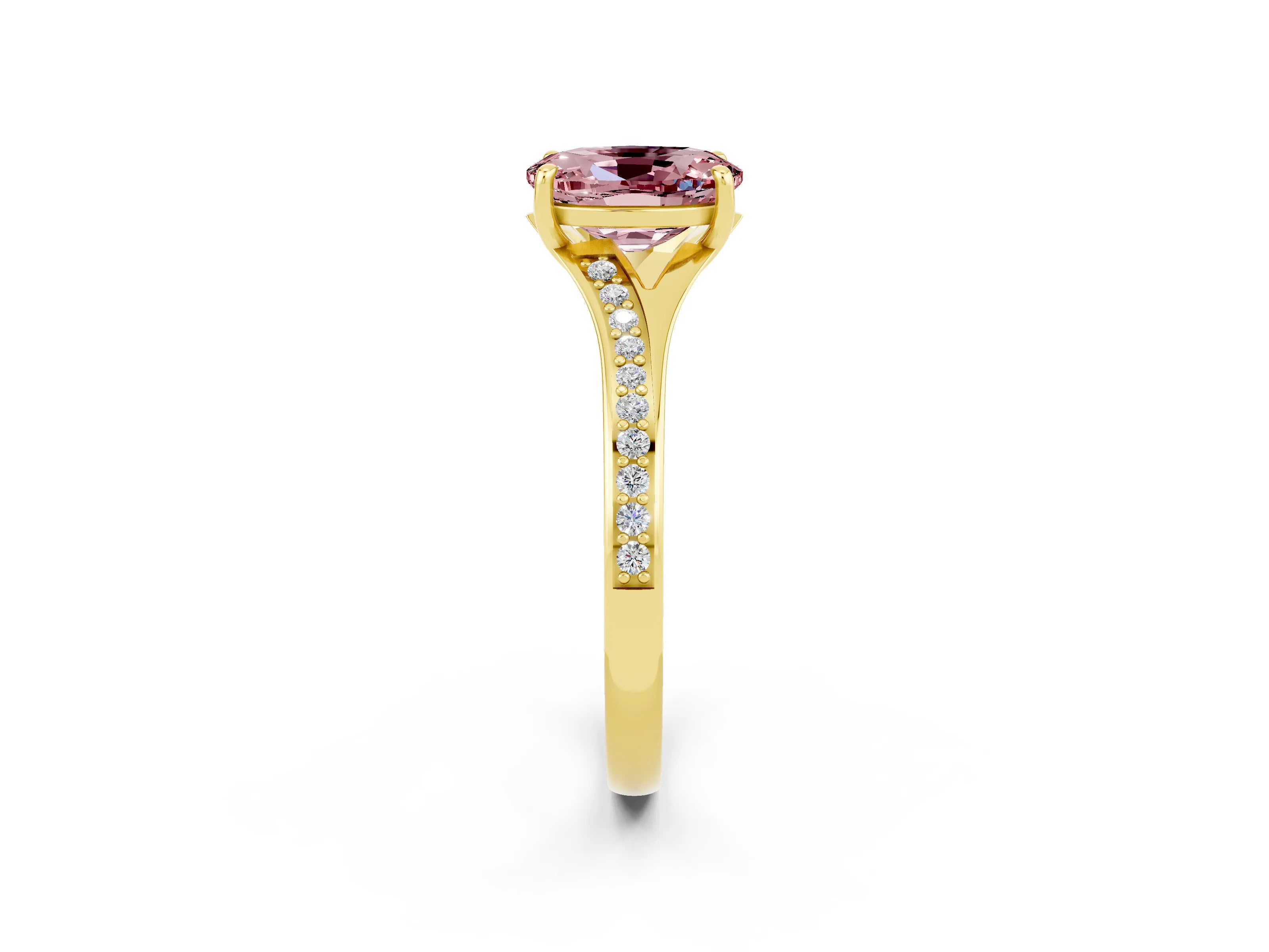 Yellow gold Oval Cut Morganite Solitaire Ring with Pavé Band and Prong Setting_2
