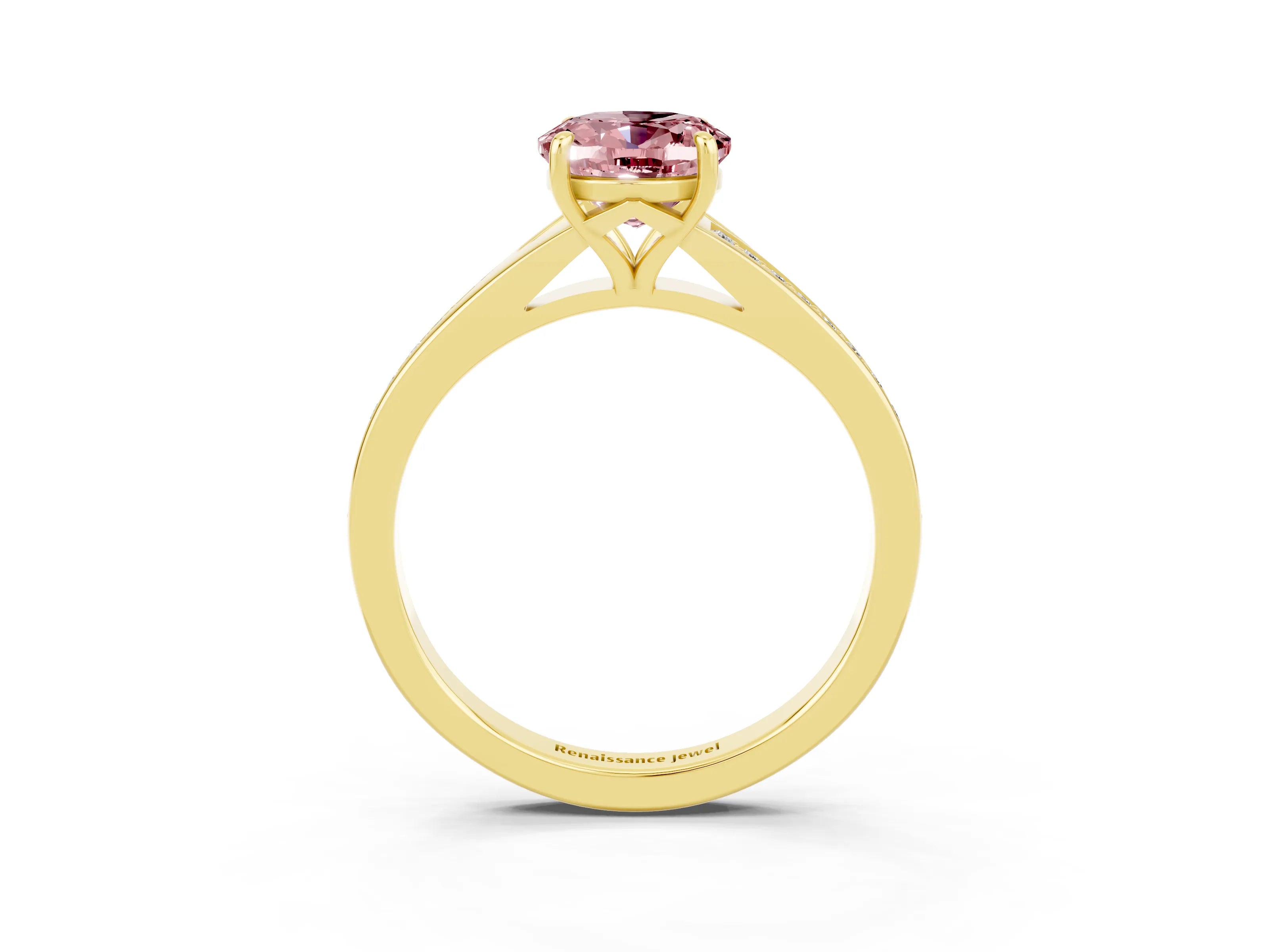 Yellow gold Oval Cut Morganite Solitaire Ring with Pavé Band and Prong Setting_3
