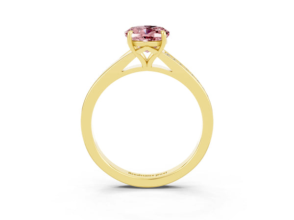 Yellow gold Oval Cut Morganite Solitaire Ring with Pavé Band and Prong Setting