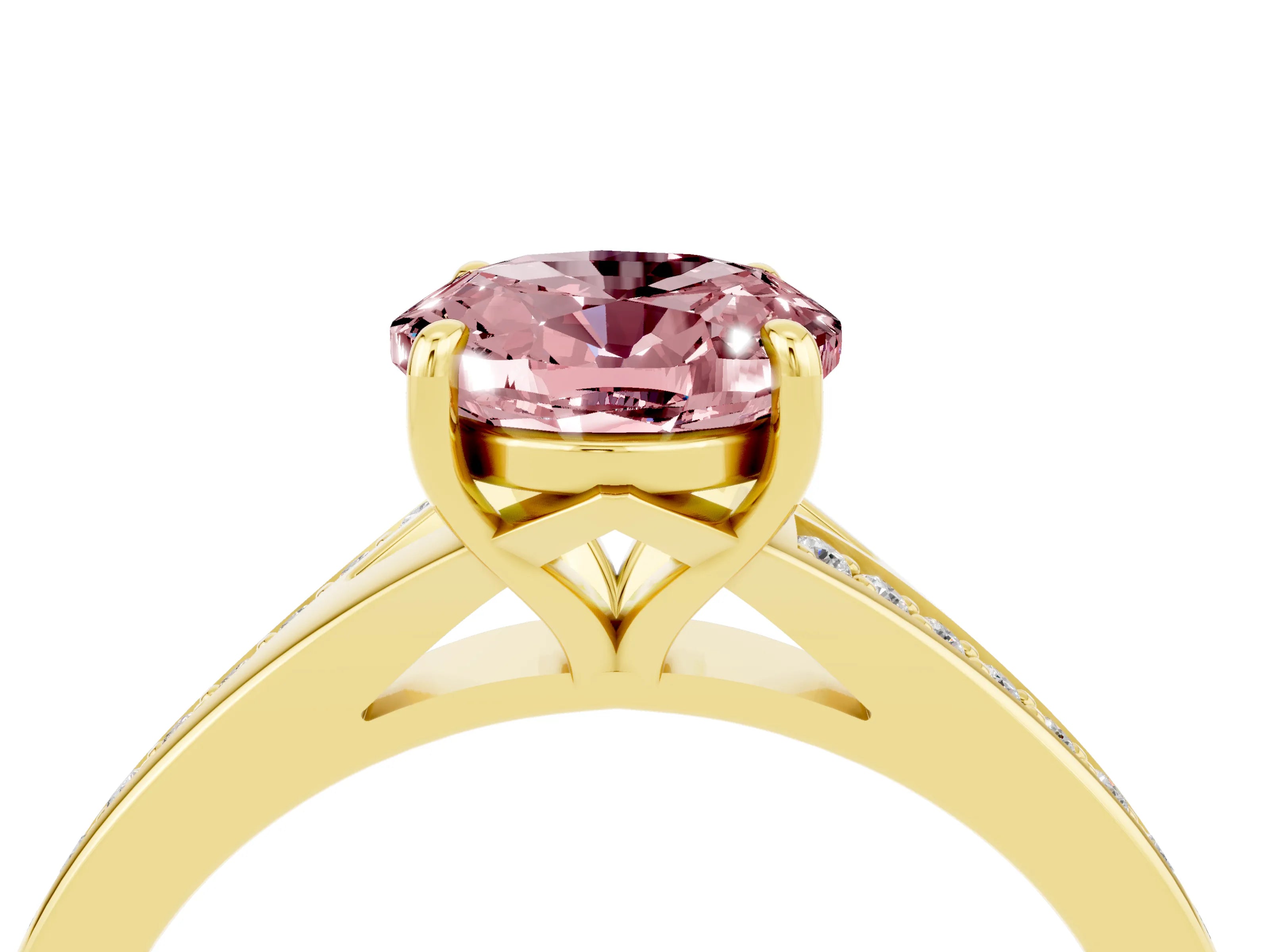 Yellow gold Oval Cut Morganite Solitaire Ring with Pavé Band and Prong Setting_4
