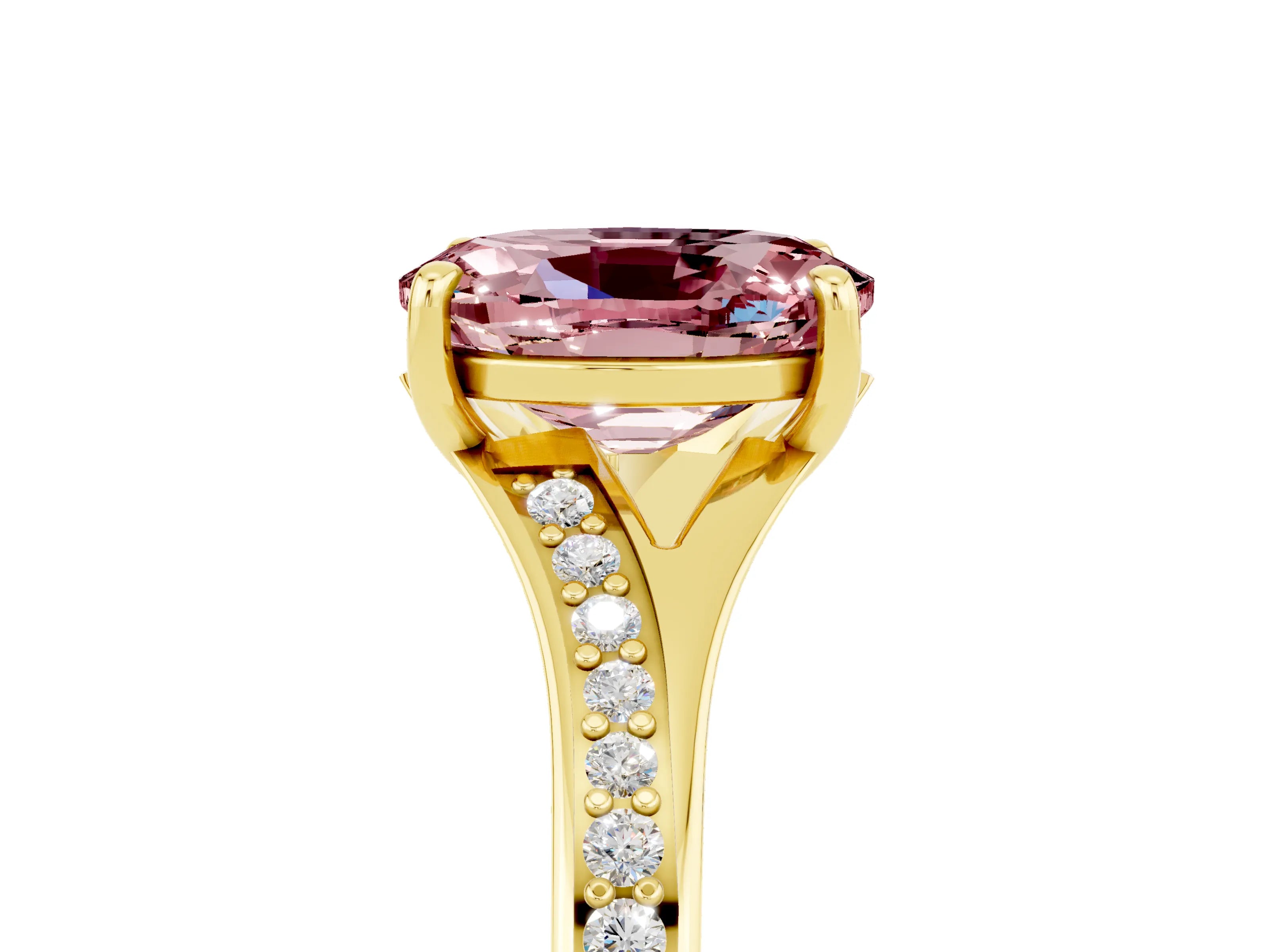 Yellow gold Oval Cut Morganite Solitaire Ring with Pavé Band and Prong Setting_5
