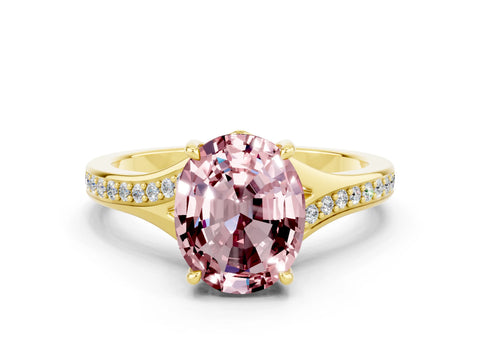 Yellow gold Oval Cut Morganite Solitaire Ring with Pavé Band and Prong Setting