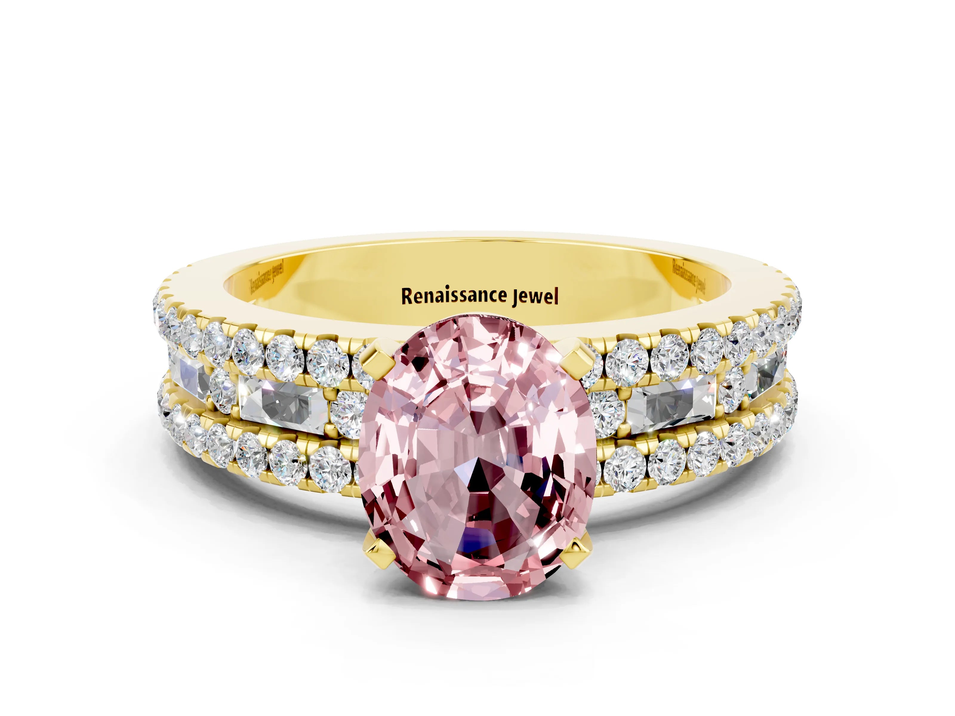 Yellow gold Oval Cut Morganite Solitaire Ring with Pavé and Channel Set Band