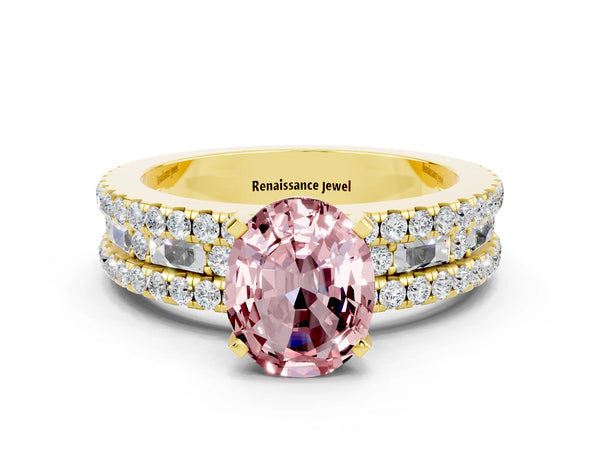 Yellow gold Oval Cut Morganite Solitaire Ring with Pavé and Channel Set Band