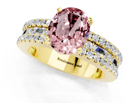 Yellow gold Oval Cut Morganite Solitaire Ring with Pavé and Channel Set Band_1