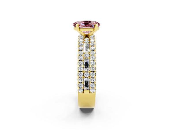 Yellow gold Oval Cut Morganite Solitaire Ring with Pavé and Channel Set Band