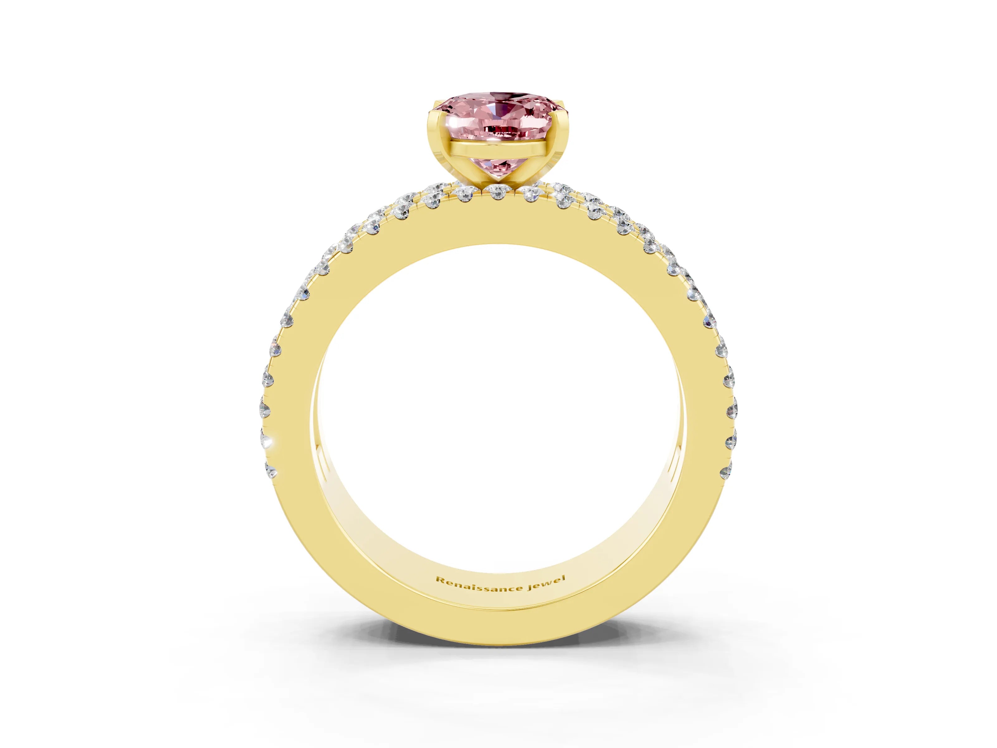Yellow gold Oval Cut Morganite Solitaire Ring with Pavé and Channel Set Band_3