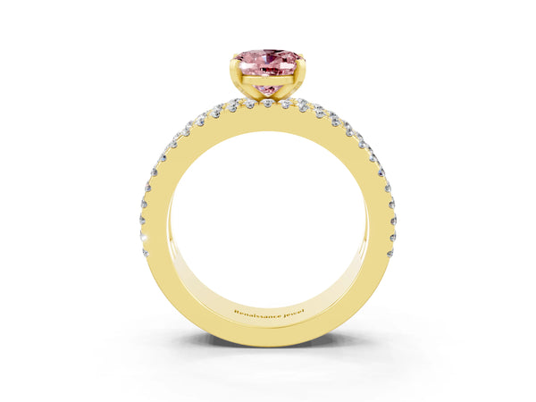 Yellow gold Oval Cut Morganite Solitaire Ring with Pavé and Channel Set Band
