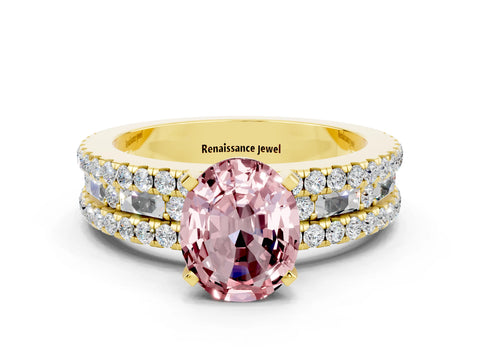 Yellow gold Oval Cut Morganite Solitaire Ring with Pavé and Channel Set Band