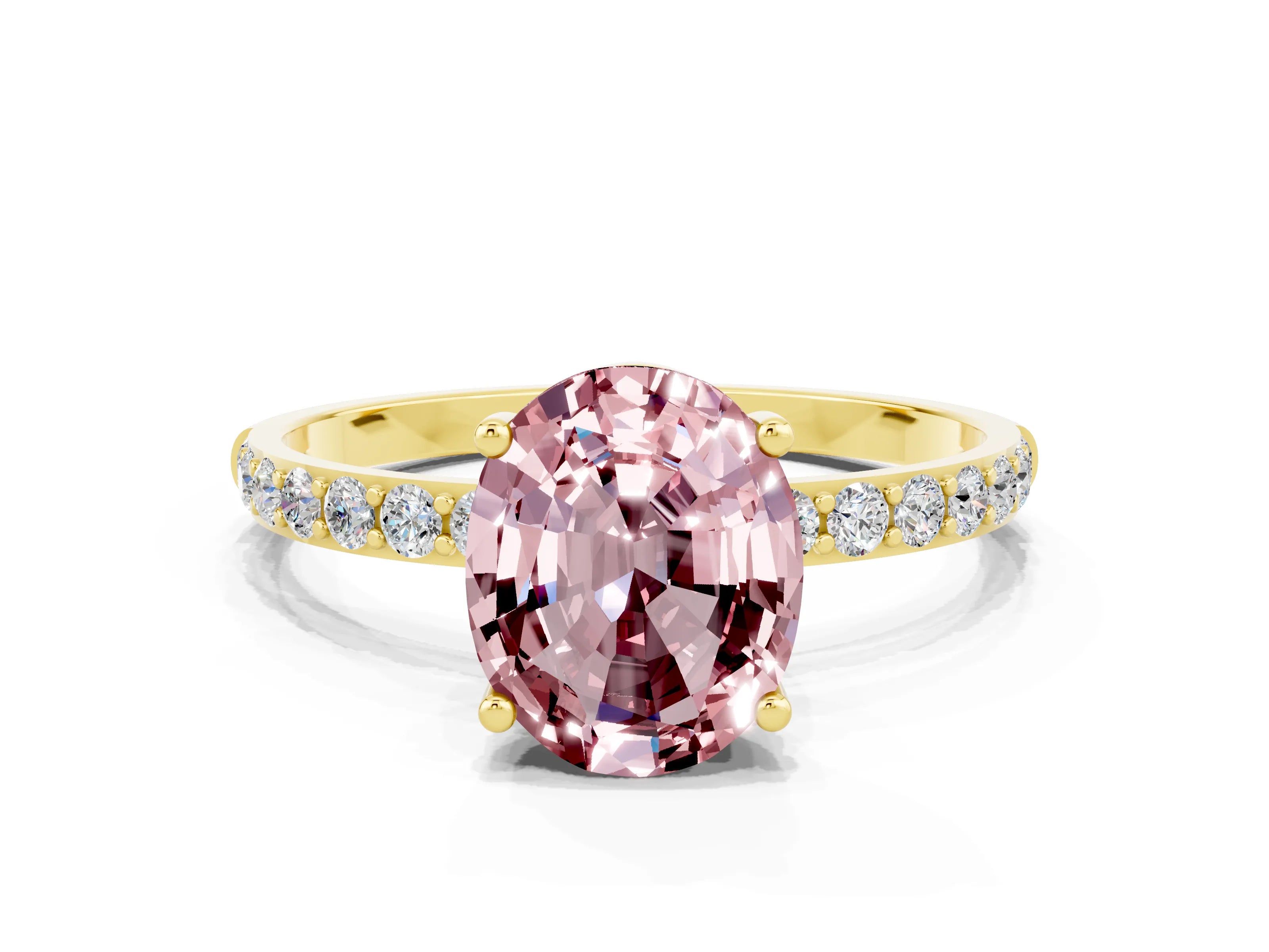 Yellow gold Oval Cut Morganite Solitaire Ring with Pave Band and Four Prong Setting_12