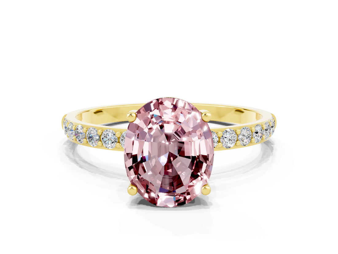 Yellow gold Oval Cut Morganite Solitaire Ring with Pave Band and Four Prong Setting_12