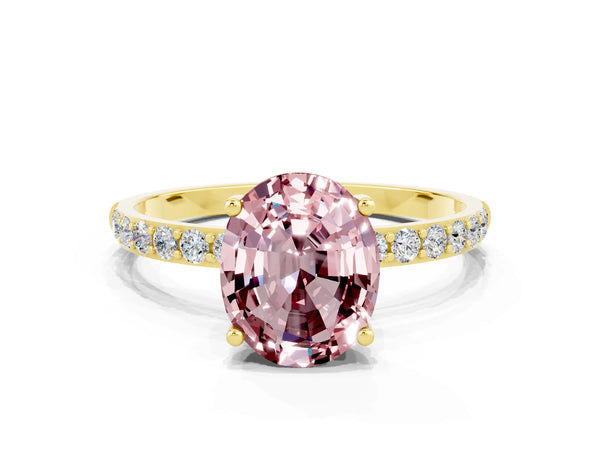 Yellow gold Oval Cut Morganite Solitaire Ring with Round  Pavé Band and Prong Setting