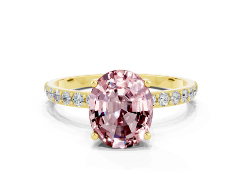 Yellow gold Oval Cut Morganite Solitaire Ring with Pave Band and Four Prong Setting_12