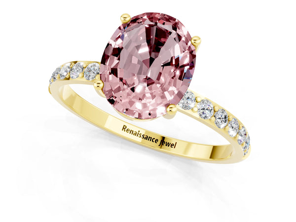 Yellow gold Oval Cut Morganite Solitaire Ring with Round  Pavé Band and Prong Setting