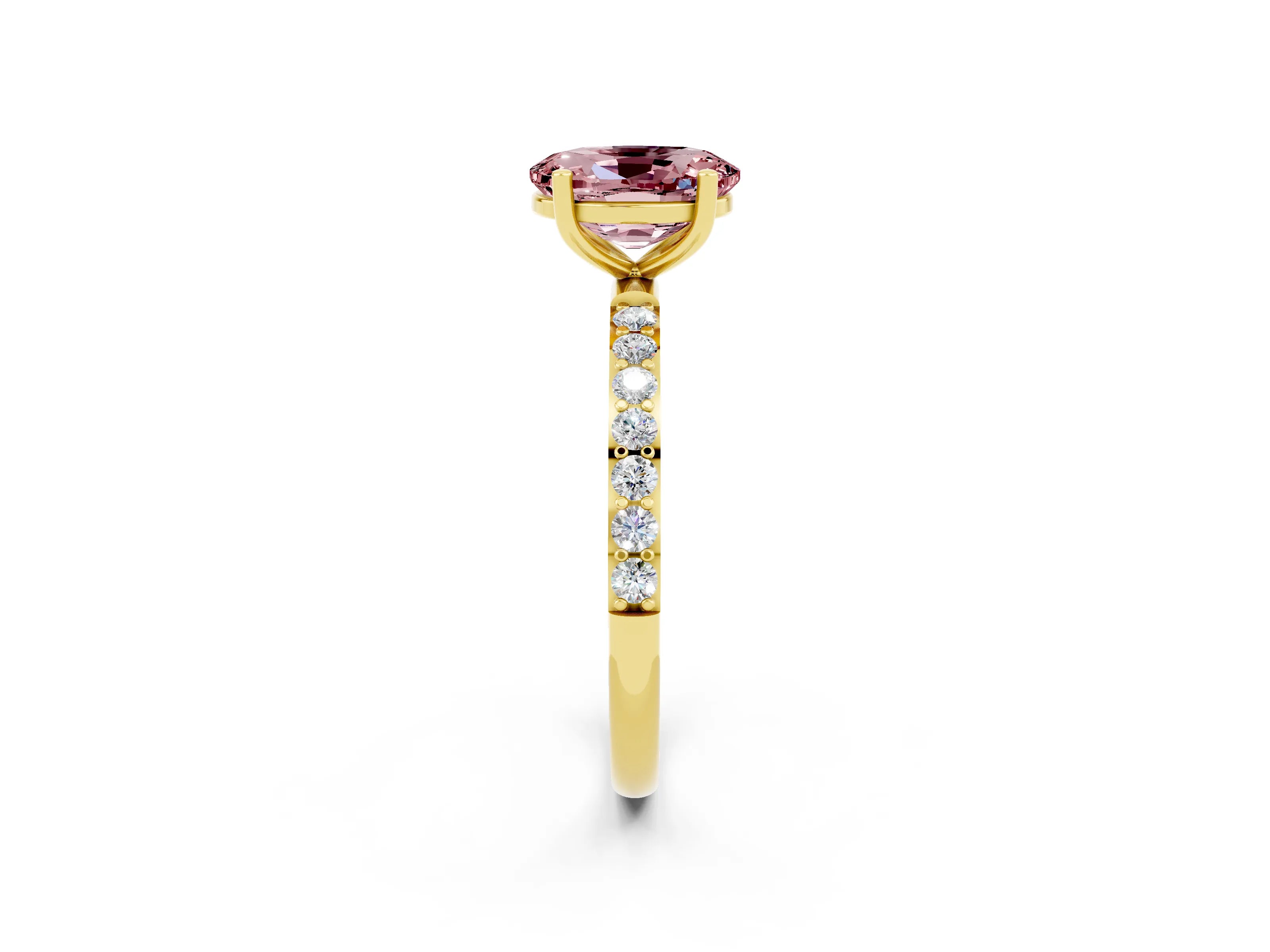 Yellow gold Oval Cut Morganite Solitaire Ring with Pave Band and Four Prong Setting_14