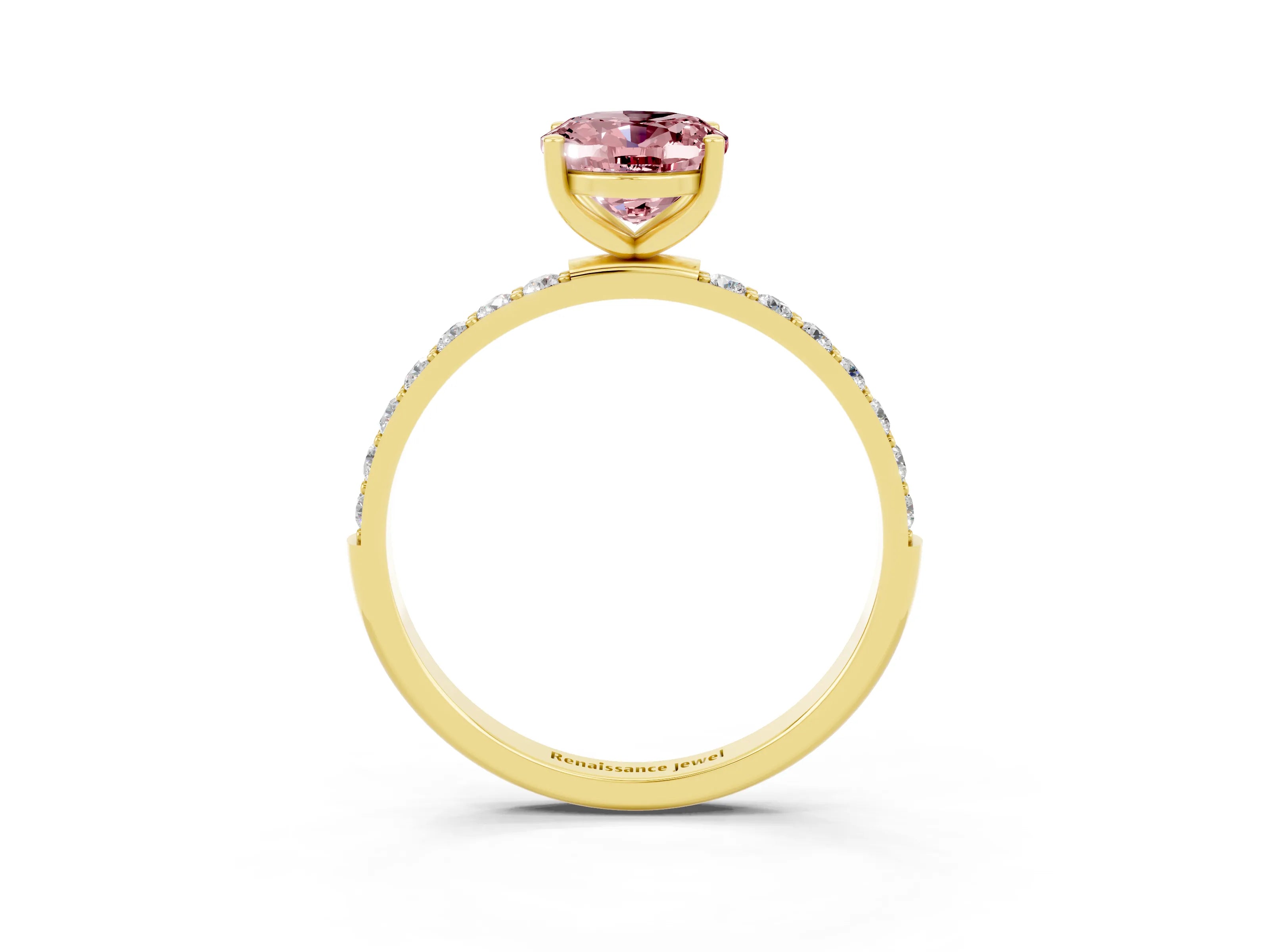 Yellow gold Oval Cut Morganite Solitaire Ring with Pave Band and Four Prong Setting_15