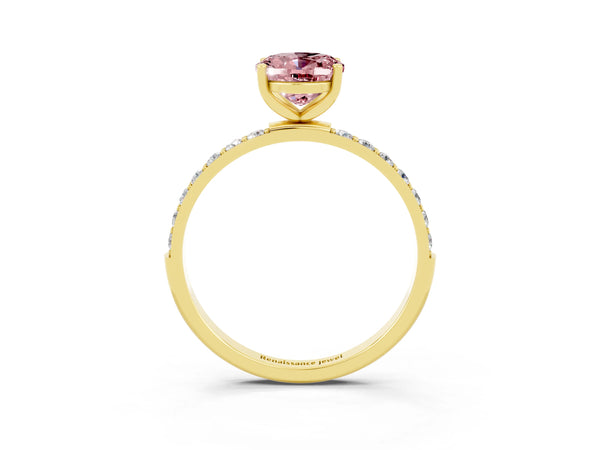 Yellow gold Oval Cut Morganite Solitaire Ring with Round  Pavé Band and Prong Setting