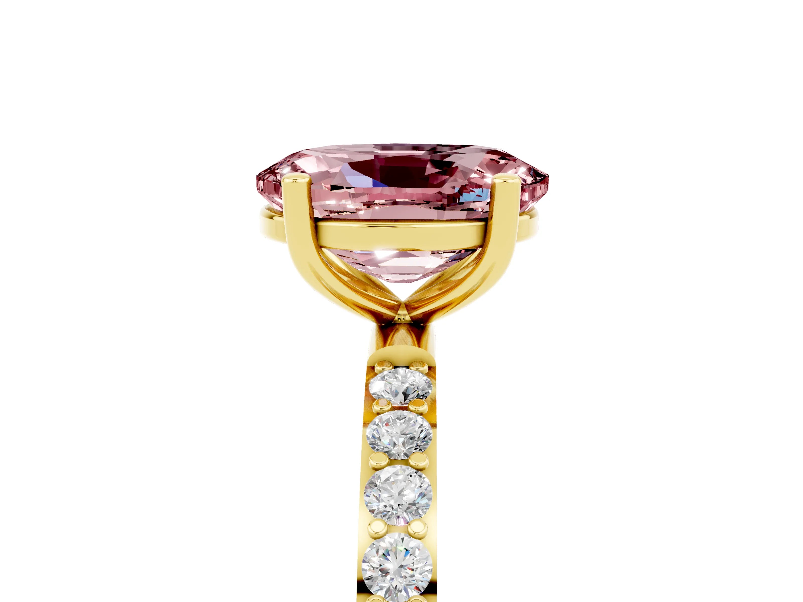 Yellow gold Oval Cut Morganite Solitaire Ring with Pave Band and Four Prong Setting_17