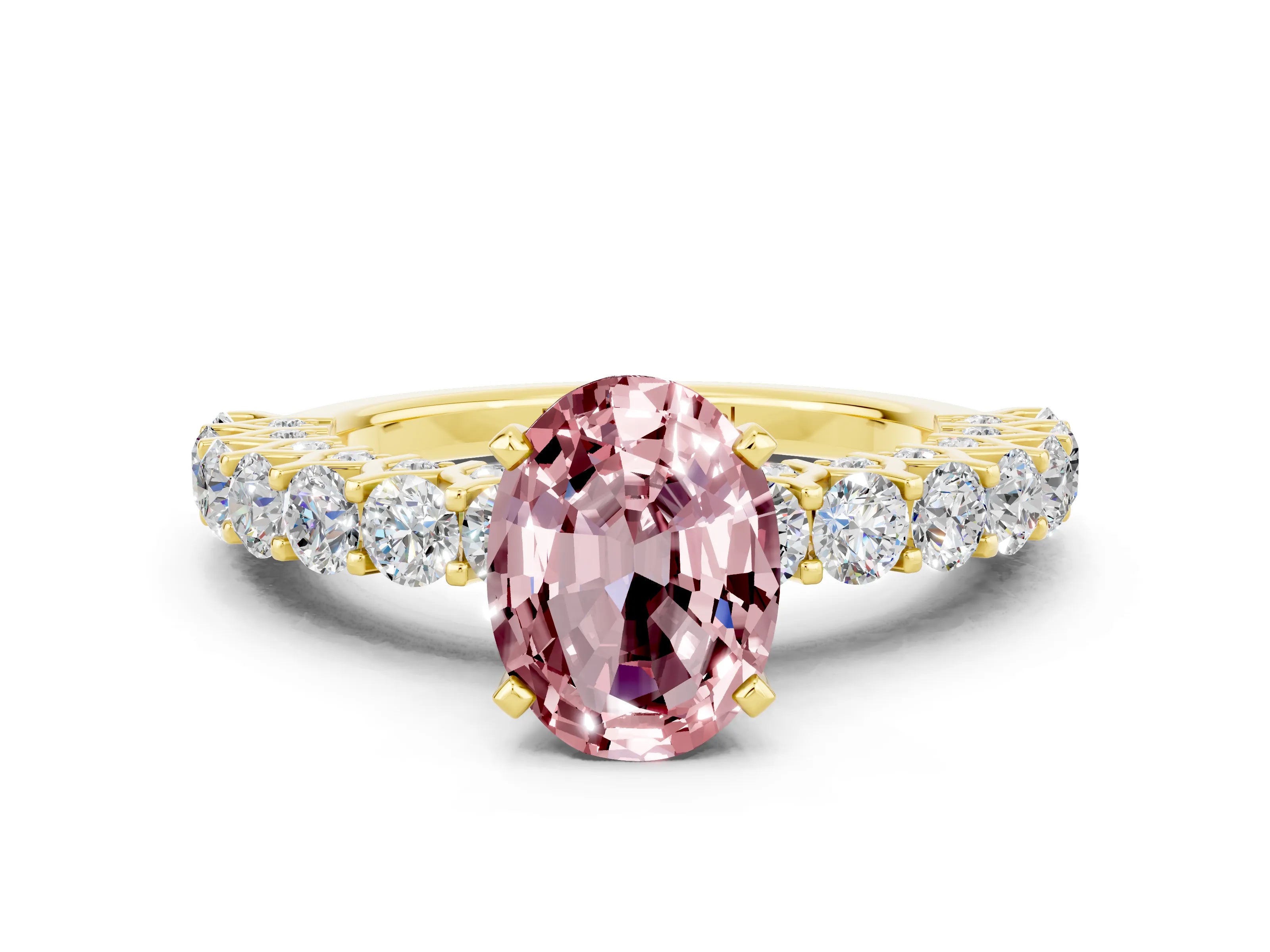 Yellow gold Oval Cut Morganite Solitaire Ring with Shared Prong Pavé Band and Four-Prong Setting