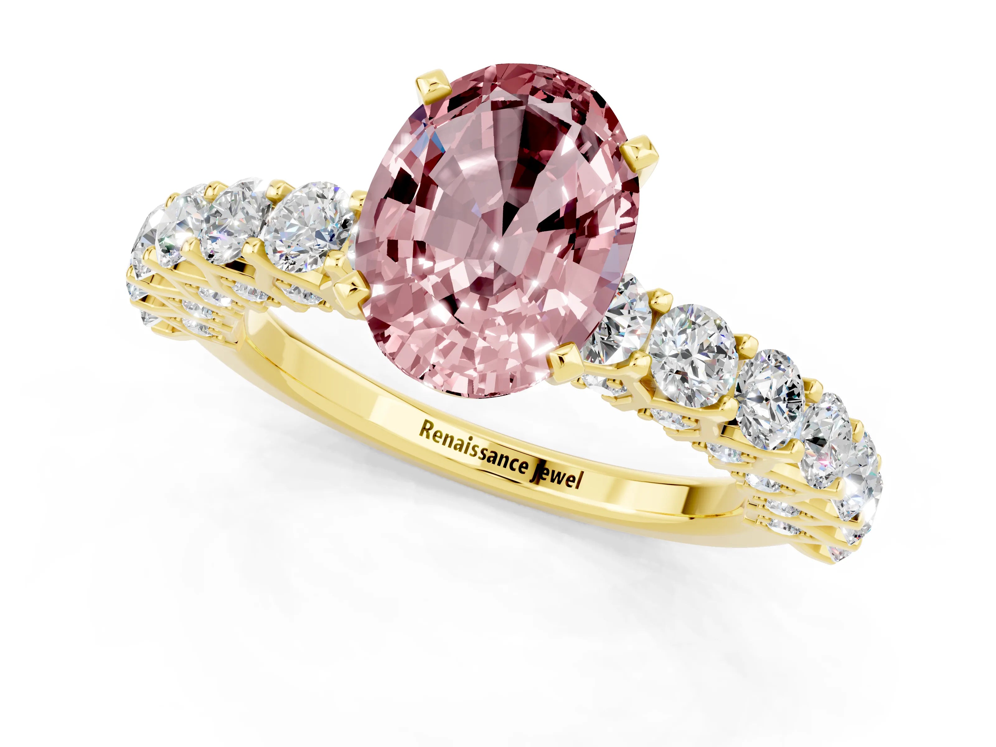 Yellow gold Oval Cut Morganite Solitaire Ring with Shared Prong Pavé Band and Four-Prong Setting_1