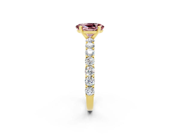 Yellow gold Oval Cut Morganite Solitaire Ring with Shared Prong Pavé Band and Four-Prong Setting