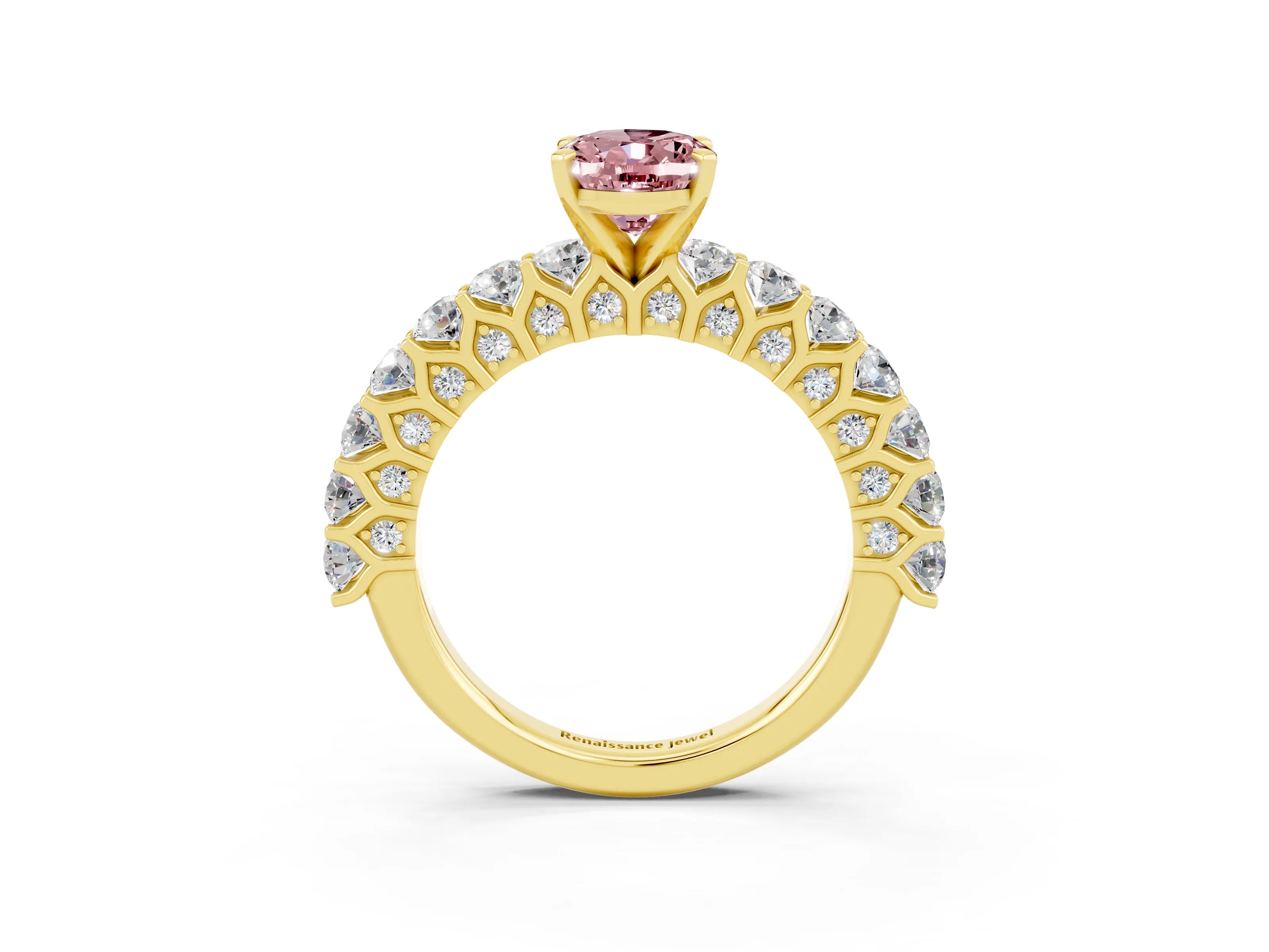 Yellow gold Oval Cut Morganite Solitaire Ring with Shared Prong Pavé Band and Four-Prong Setting_3
