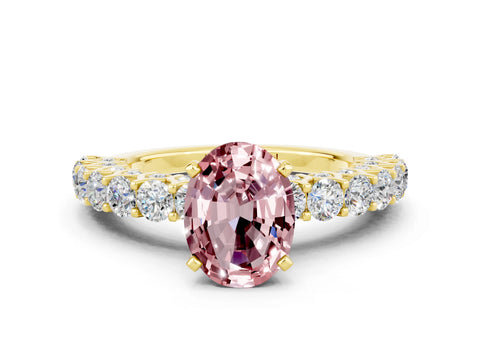 Yellow gold Oval Cut Morganite Solitaire Ring with Shared Prong Pavé Band and Four-Prong Setting