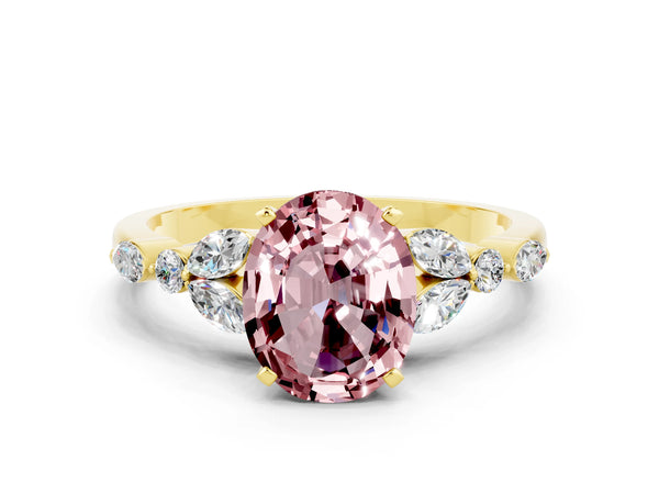 Yellow gold Oval Cut Morganite Solitaire Ring with Side Stones and Four-Prong Setting