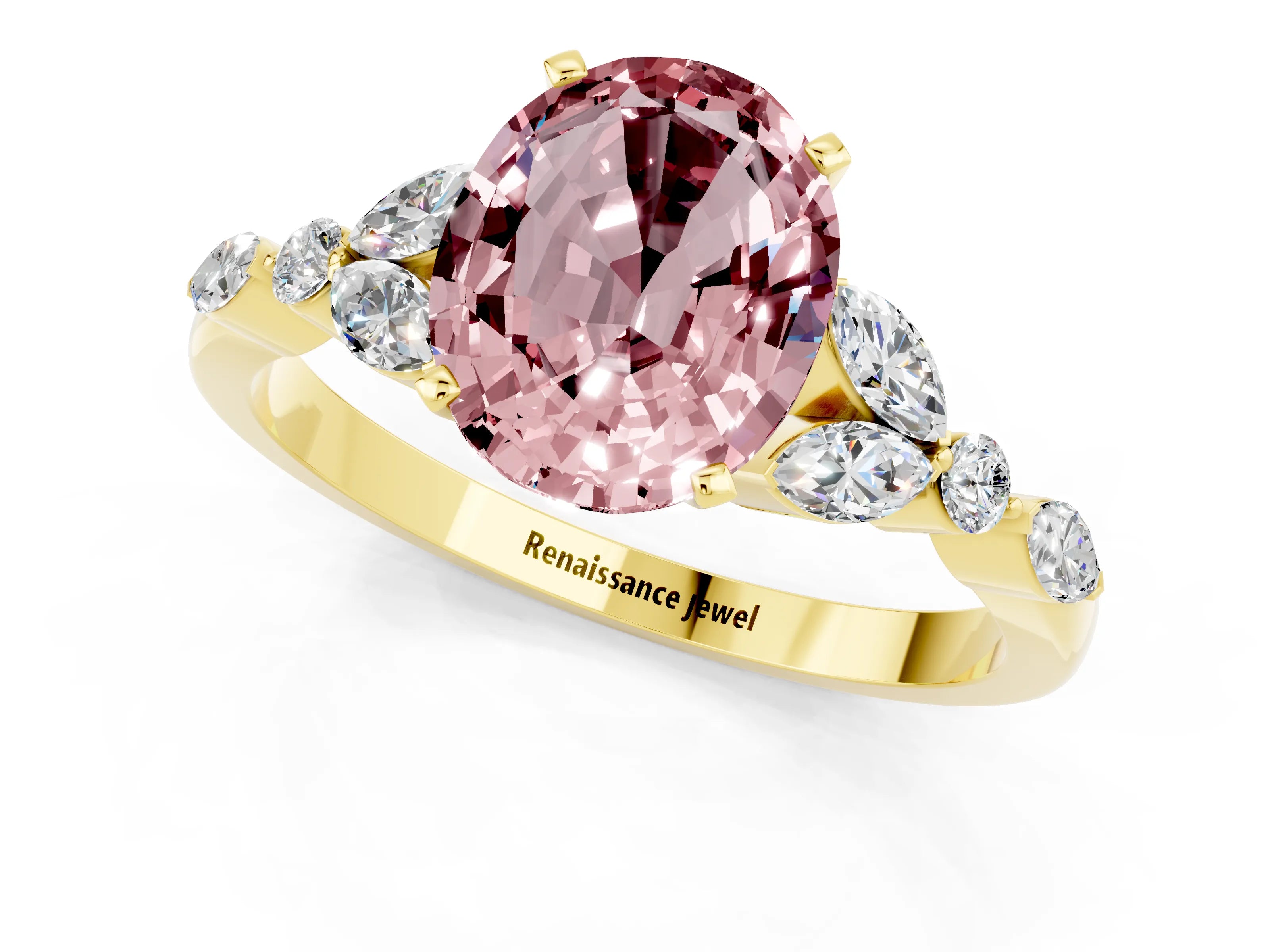 Yellow gold Oval Cut Morganite Solitaire Ring with Side Stones and Four-Prong Setting_13