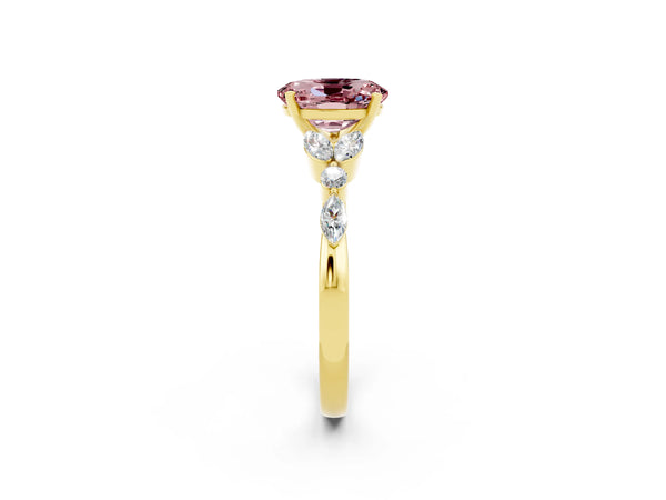 Yellow gold Oval Cut Morganite Solitaire Ring with Side Stones and Four-Prong Setting