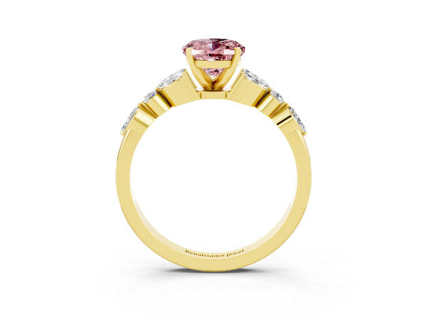 Yellow gold Oval Cut Morganite Solitaire Ring with Side Stones and Four-Prong Setting