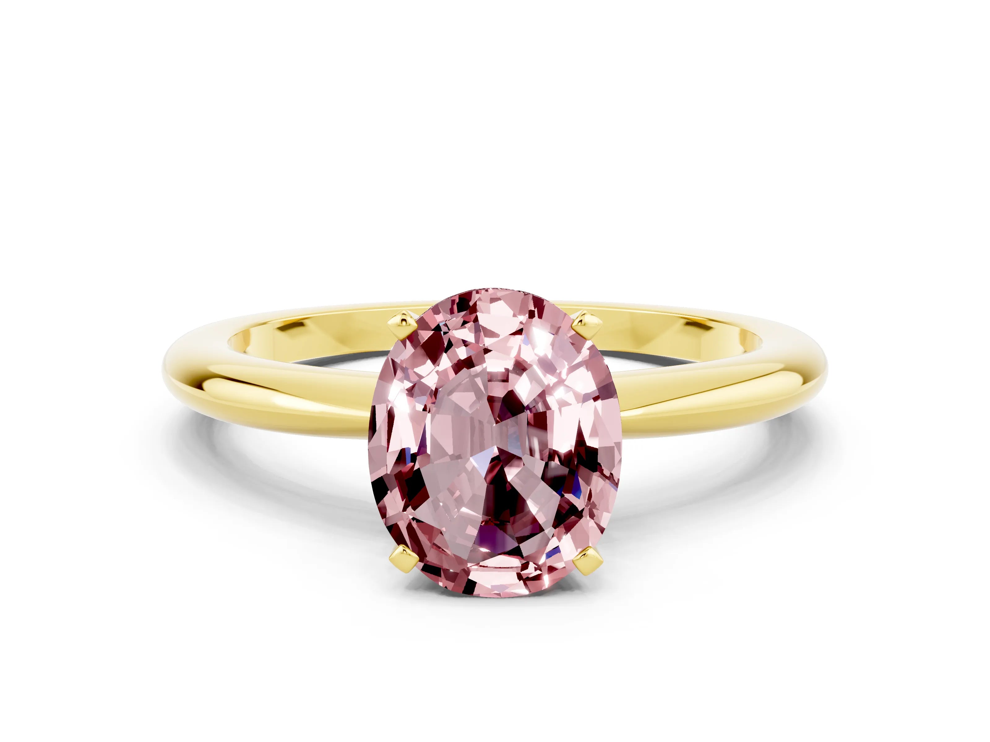 Yellow gold Oval Cut Morganite Solitaire Ring with Six-Prong Setting and Classic Band