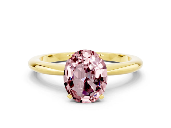 Yellow gold Oval Cut Morganite Solitaire Ring with Six-Prong Setting and Classic Band