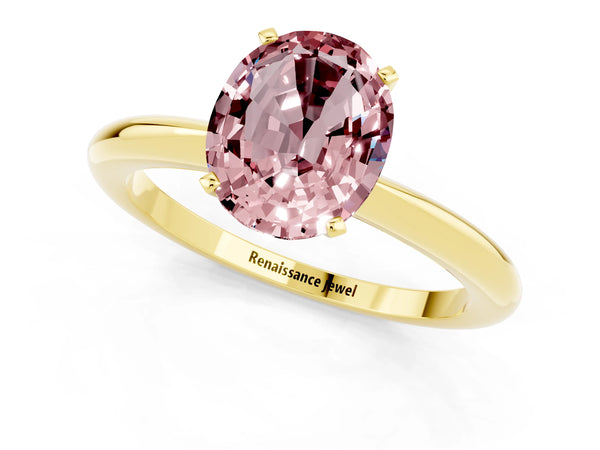 Yellow gold Oval Cut Morganite Solitaire Ring with Six-Prong Setting and Classic Band