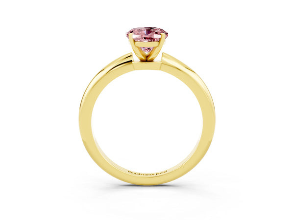 Yellow gold Oval Cut Morganite Solitaire Ring with Six-Prong Setting and Classic Band
