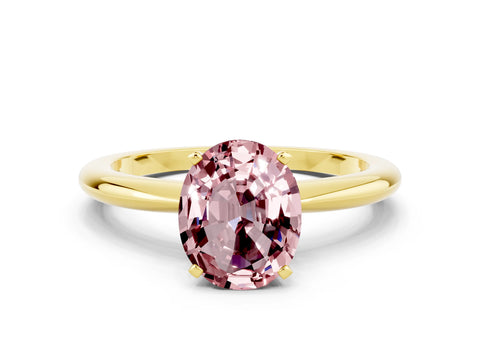 Yellow gold Oval Cut Morganite Solitaire Ring with Six-Prong Setting and Classic Band