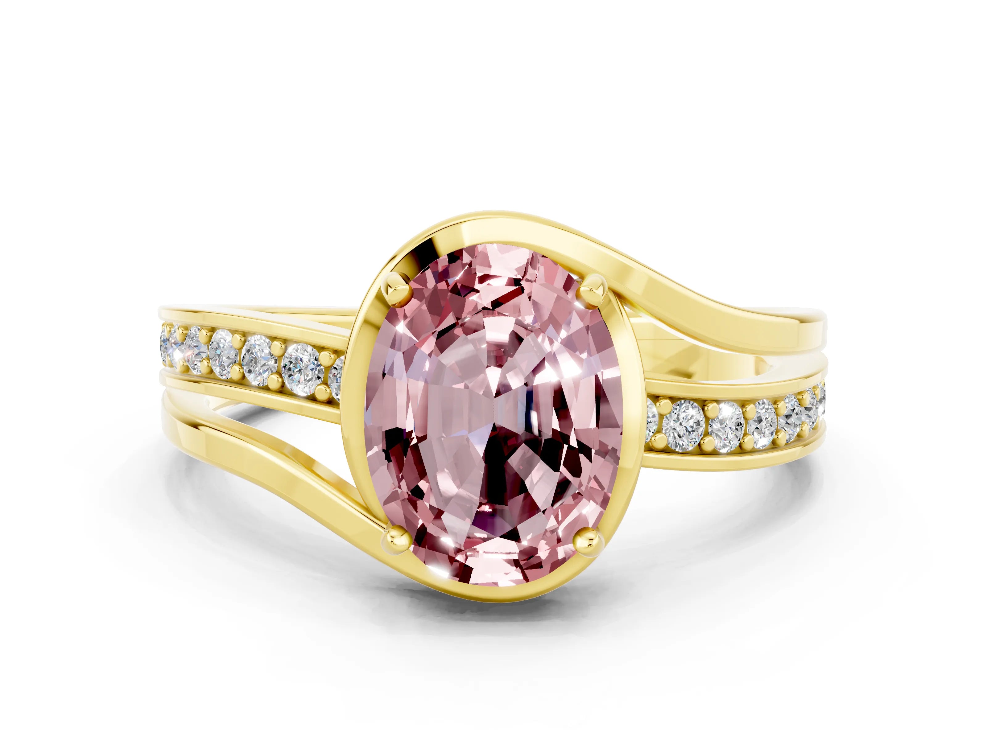 Yellow gold Oval Cut Morganite Solitaire Ring with Split Shank and Prong Setting