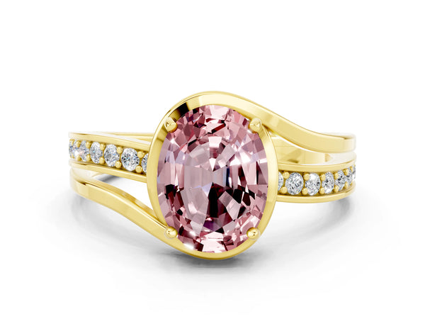 Yellow gold Oval Cut Morganite Solitaire Ring with Split Shank and Prong Setting