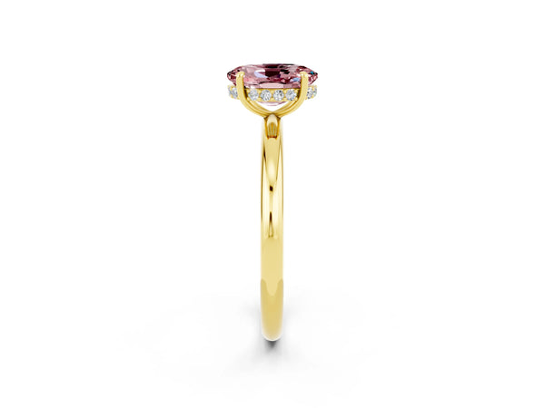 Yellow gold Oval Cut Morganite Solitaire Ring with Thin Band and Four-Prong Setting