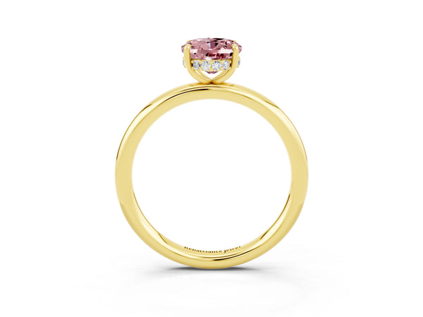 Yellow gold Oval Cut Morganite Solitaire Ring with Thin Band and Four-Prong Setting