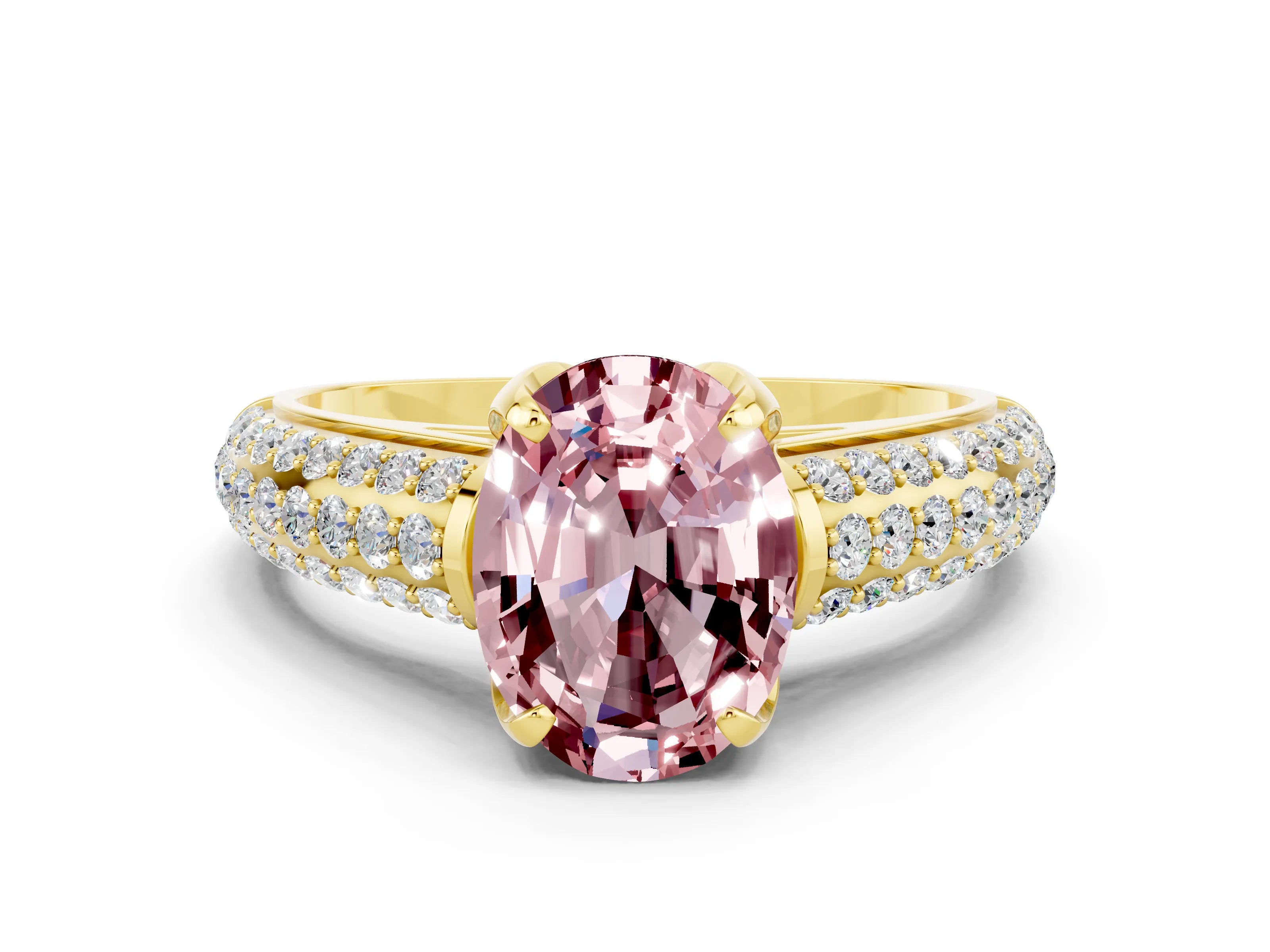 Yellow gold Oval Cut Morganite Solitaire Ring with Three-Row Pavé Band and Four-Prong Setting_12