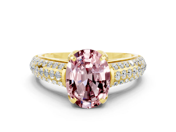 Yellow gold Oval Cut Morganite Solitaire Ring with Three-Row Pavé Band and Four-Prong Setting