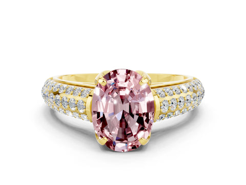 Yellow gold Oval Cut Morganite Solitaire Ring with Three-Row Pavé Band and Four-Prong Setting_12