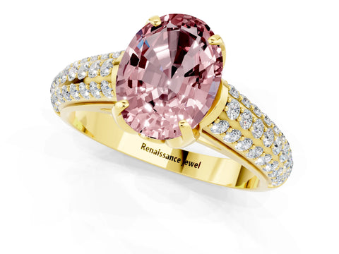 Yellow gold Oval Cut Morganite Solitaire Ring with Three-Row Pavé Band and Four-Prong Setting_13