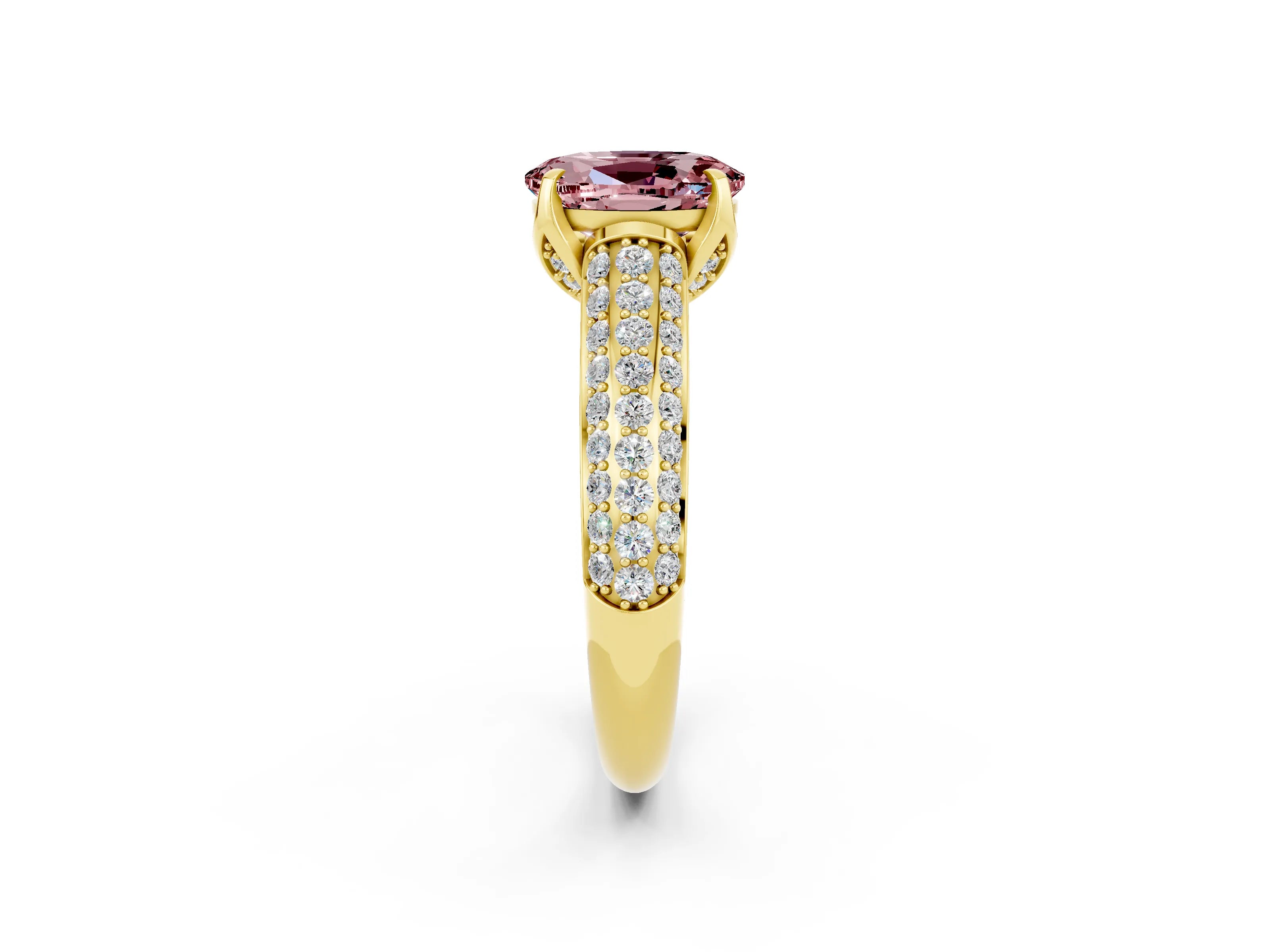 Yellow gold Oval Cut Morganite Solitaire Ring with Three-Row Pavé Band and Four-Prong Setting_14
