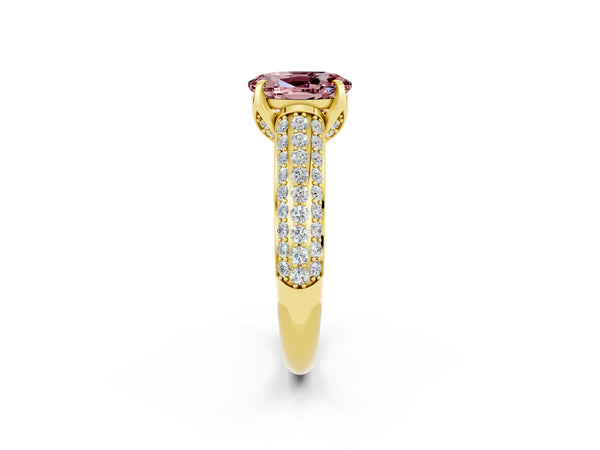 Yellow gold Oval Cut Morganite Solitaire Ring with Three-Row Pavé Band and Four-Prong Setting