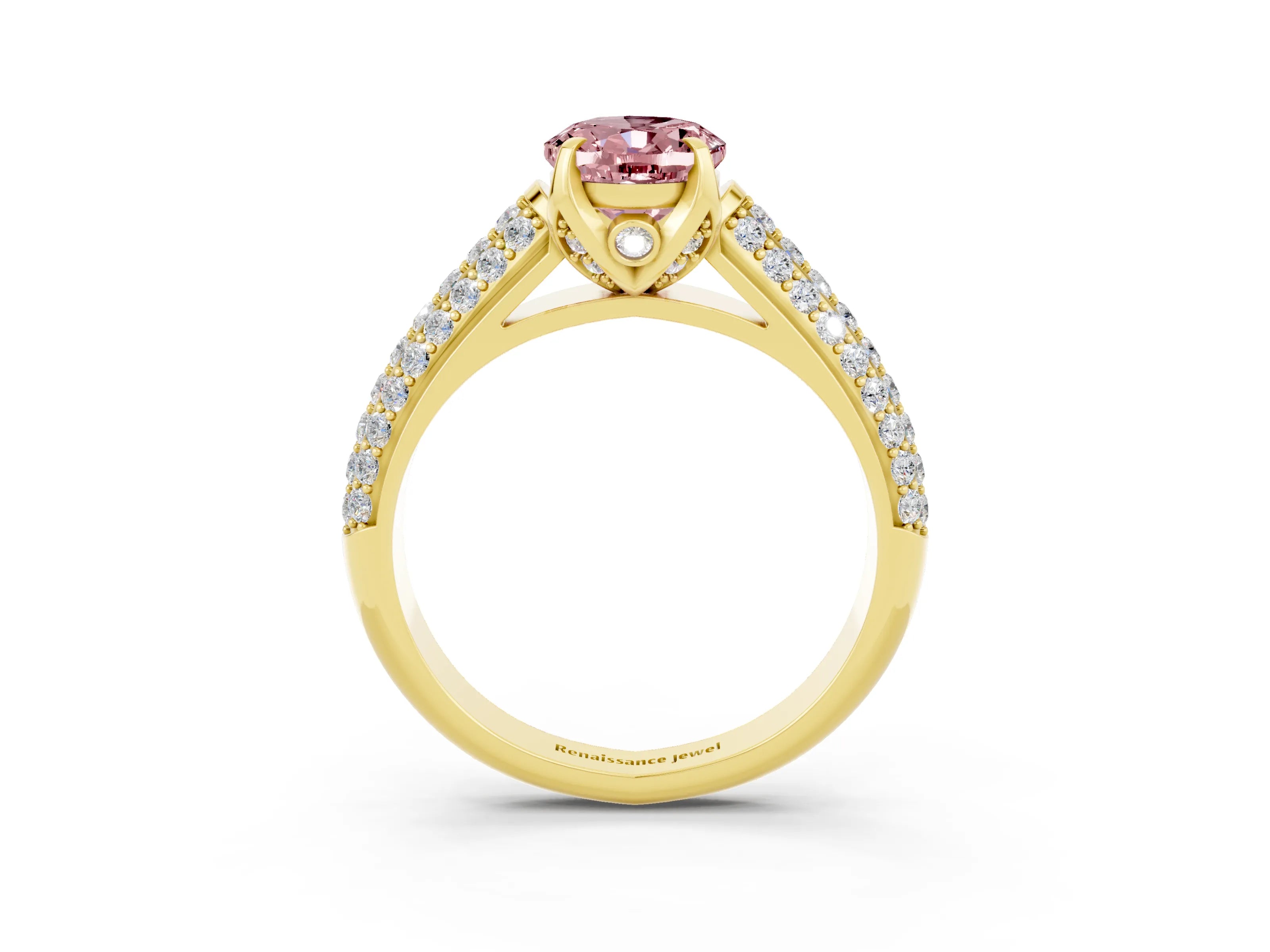 Yellow gold Oval Cut Morganite Solitaire Ring with Three-Row Pavé Band and Four-Prong Setting_15