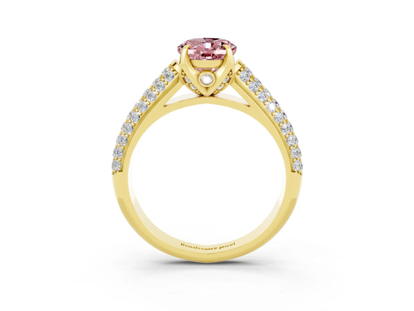Yellow gold Oval Cut Morganite Solitaire Ring with Three-Row Pavé Band and Four-Prong Setting